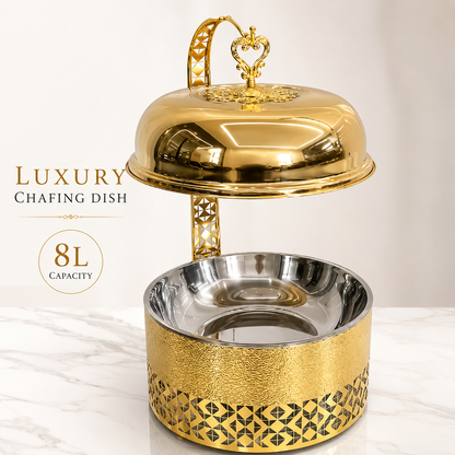 KUOMIE Luxury 8L Gold Chafing Dish with Hanging Lid, Stainless Steel Food Warmer for Weddings, Hotel Buffets, Catering Events, Parties, and Banquets