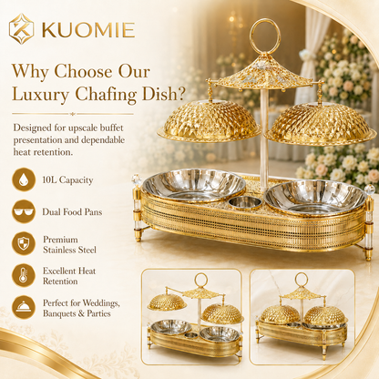KUOMIE 10L Luxury Gold Double Chafing Dish Set with Textured Dome Lids