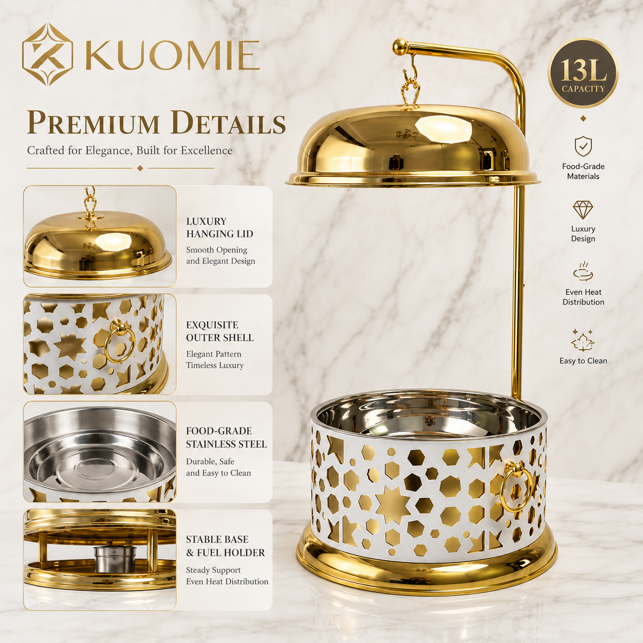 Luxury 13L White and Gold Buffet Warmer with Hanging Lid and Stainless Steel Food Pan