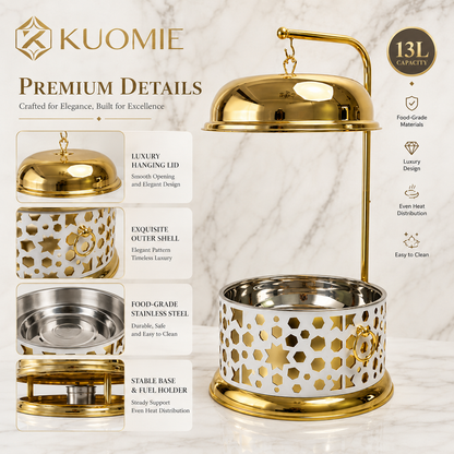 Luxury 13L White and Gold Buffet Warmer with Hanging Lid and Stainless Steel Food Pan