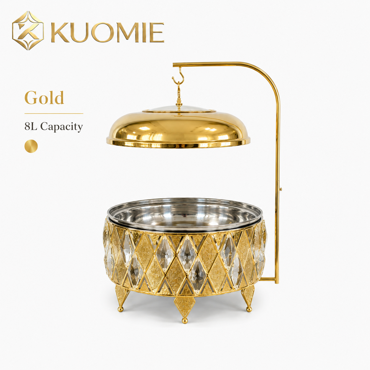 Luxury 8L Gold Buffet Food Warmer with Hanging Lid and Stainless Steel Bowl