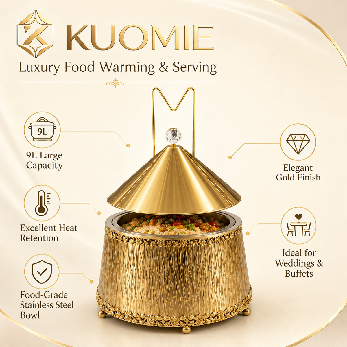 KUOMIE Luxury Gold 9L Chafing Dish Food Warmer with Stainless Steel Bowl and Cone Lid for Weddings, Buffets and Catering
