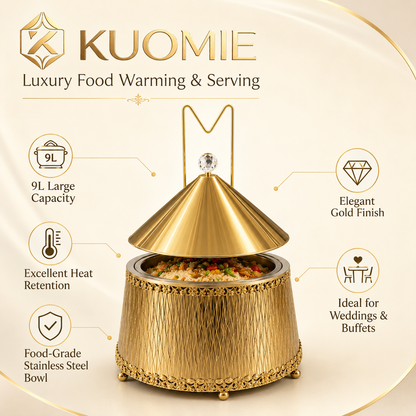 KUOMIE Luxury Gold 9L Chafing Dish Food Warmer with Stainless Steel Bowl and Cone Lid for Weddings, Buffets and Catering