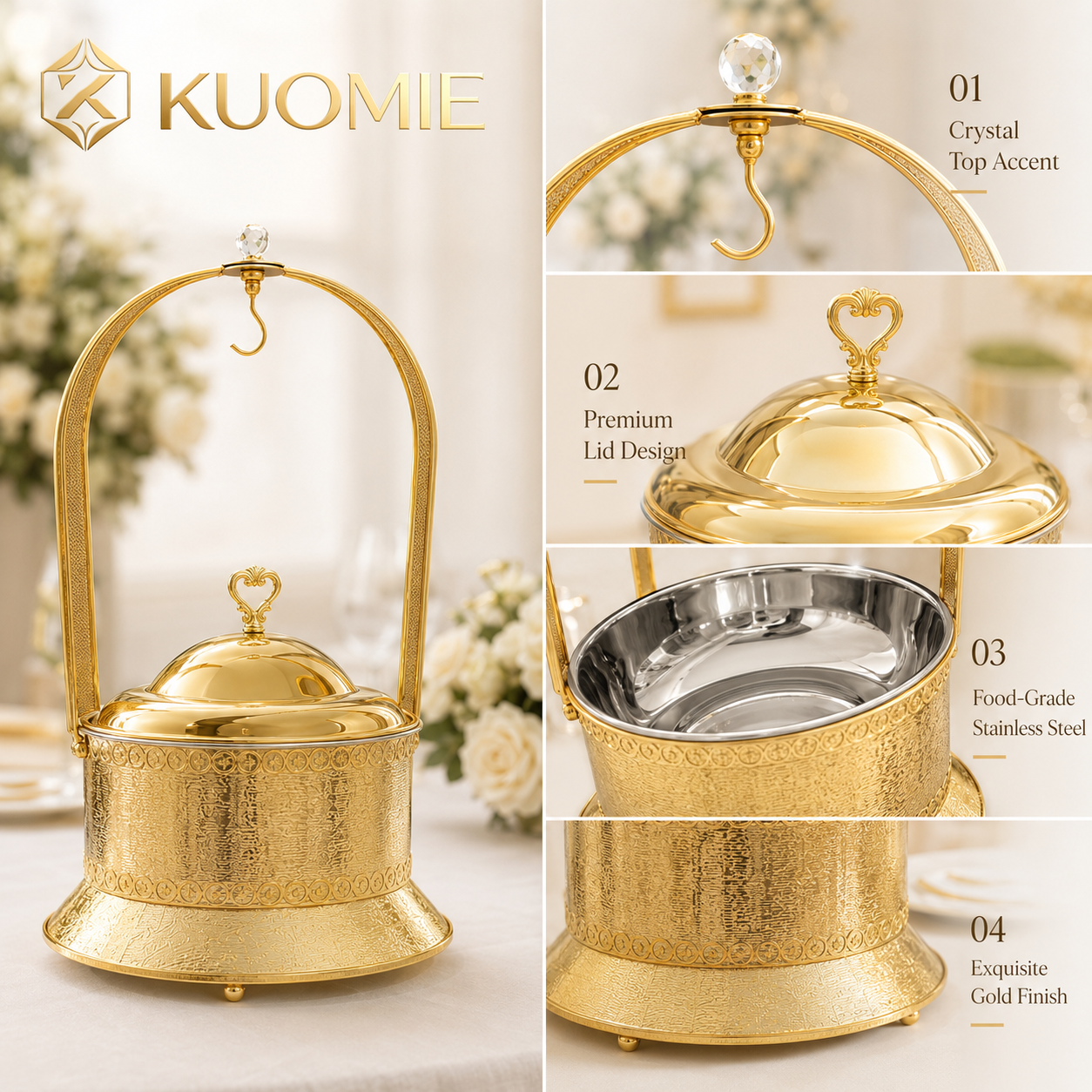 Luxury Wedding Chafing Dish with Crystal Accent, Heart-Shaped Handle and Gold Finish