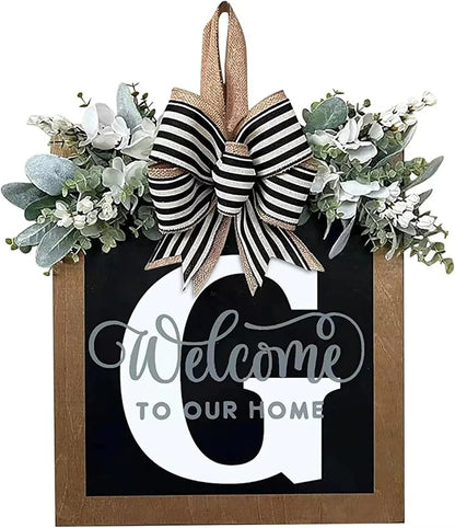 Last Name Year Round Front Door Wreath Front Porch Decoration 26 Letter Welcome Sign with Eucalyptus Garland and Bow Spring Wreaths for Front Door Outside Hanger Garland - kuomie