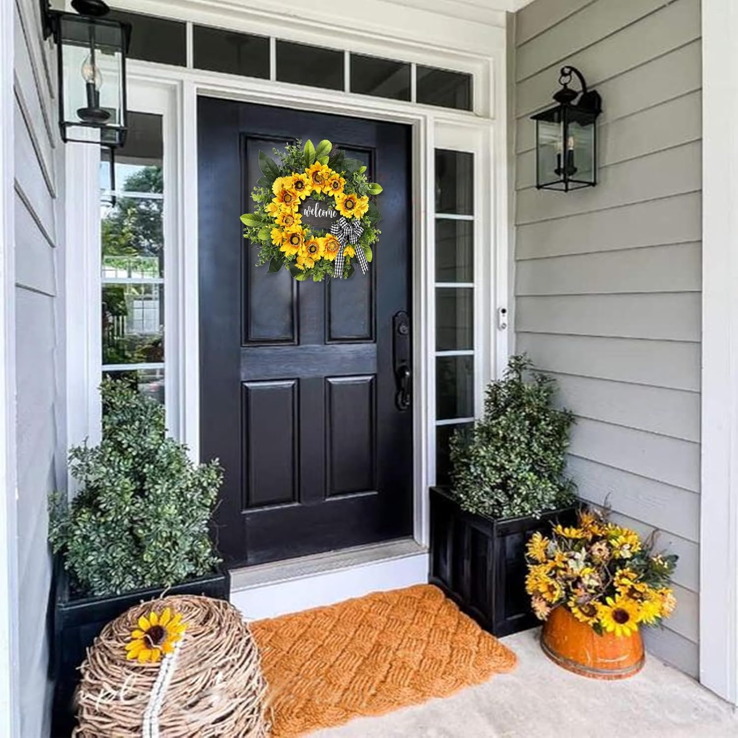 Sunflower Wreath with Welcome,Spring Summer Wreath for Front Door, Unique Housewarming Gift,mother'day Gift,Farmhouse Porch Decor,Sunflower Wall Decor,Year Round wreaths-20inch - kuomie