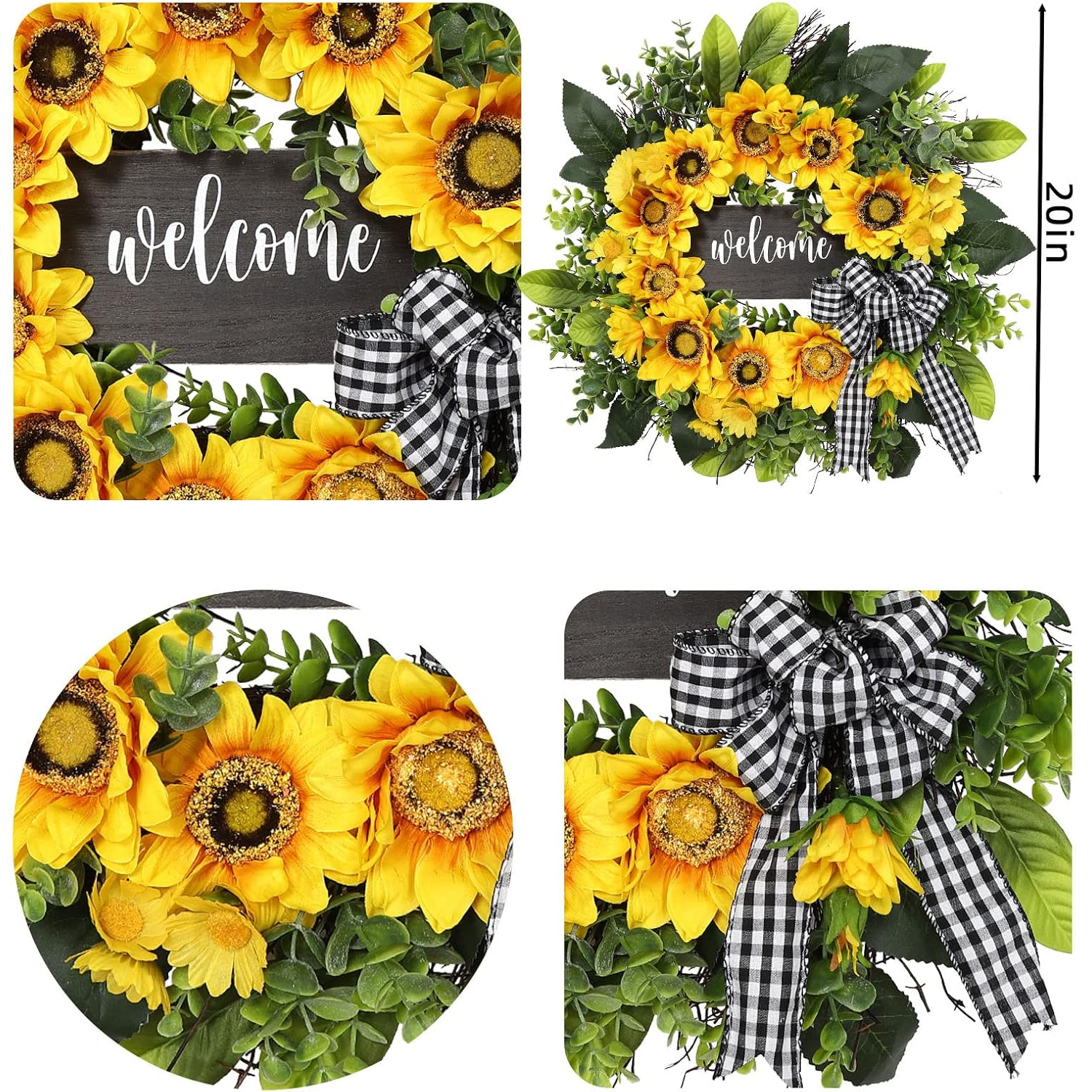 Sunflower Wreath with Welcome,Spring Summer Wreath for Front Door, Unique Housewarming Gift,mother'day Gift,Farmhouse Porch Decor,Sunflower Wall Decor,Year Round wreaths-20inch - kuomie