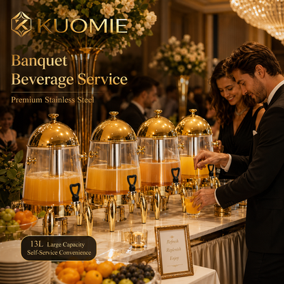KUOMIE 13L Stainless Steel Beverage Dispenser with Clear Juice Tank, Mirror Polished Lid, Faucet, and Drip Tray for Hotels, Buffets, Weddings, Catering, and Parties