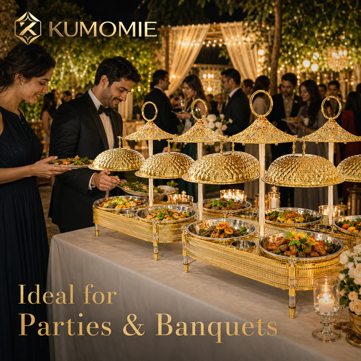 KUMOMIE Luxury Gold Double Chafing Dish Set with Textured Dome Lids, Stainless Steel Food Pans & Acrylic Legs, 10L Buffet Food Warmer for Weddings, Catering, Hotels & Parties