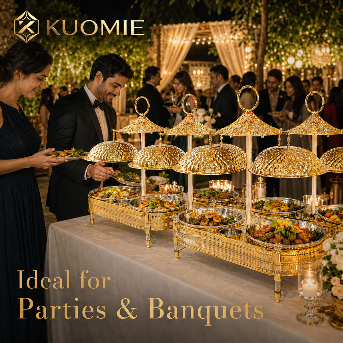 KUOMIE 10L Luxury Gold Double Chafing Dish Set with Textured Dome Lids