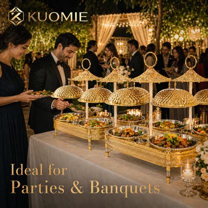 KUOMIE 10L Luxury Gold Double Chafing Dish Set with Textured Dome Lids
