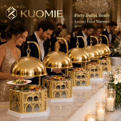 Luxury Gold Chafing Dish 8L Stainless Steel Food Warmer with Hanging Dome Lid for Buffet, Wedding, Catering and Party Events