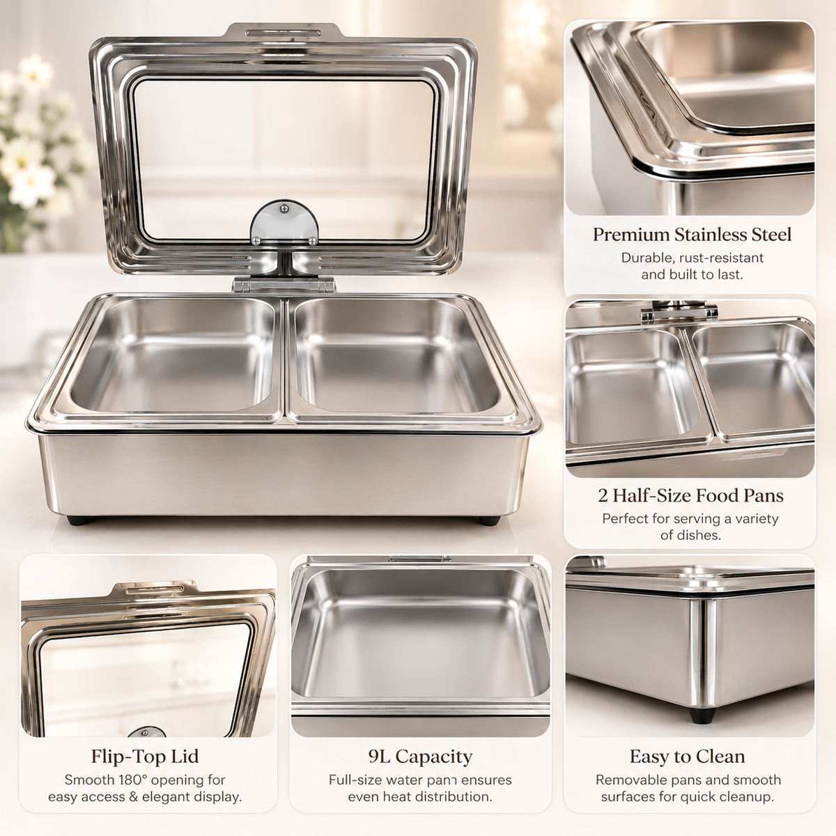 Stainless Steel Rectangular Chafing Dish with Hinged Lid for Buffet, Catering & Events