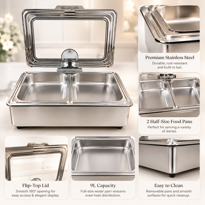Stainless Steel Rectangular Chafing Dish with Hinged Lid for Buffet, Catering & Events