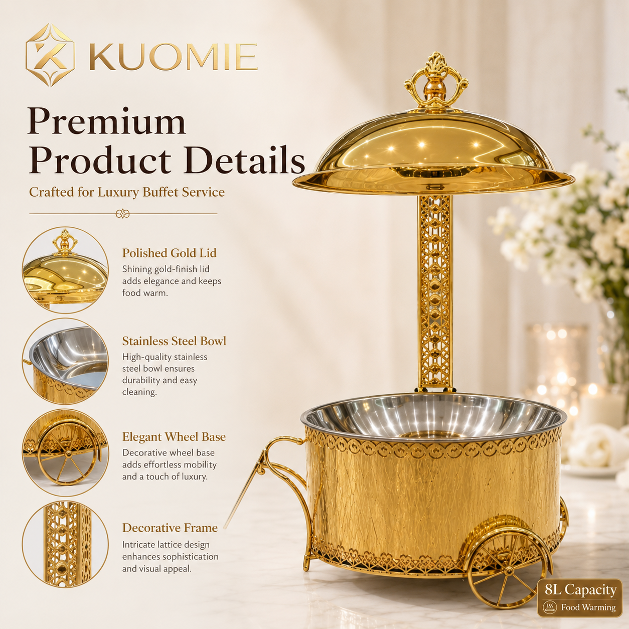 Luxury Gold Round Chafing Dish Cart Set with Dome Lids for Wedding Buffet, Hotel Catering, Banquet Events & Party Food Warmer