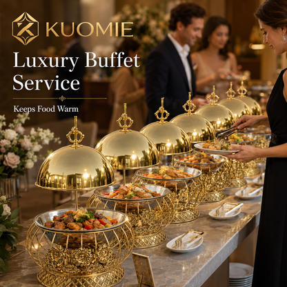 Luxury Gold Chafing Dish | Round Buffet Food Warmer for Weddings and Catering