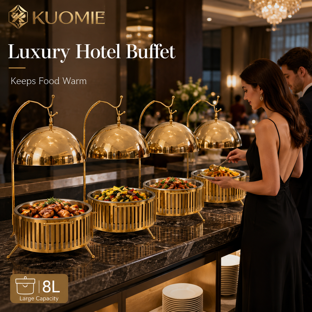 KUOMIE 8L Luxury Gold Chafing Dish with Hanging Dome Lid, Stainless Steel Food Pan, and Buffet Food Warmer Design for Weddings, Hotels, Catering, Banquets, and Parties