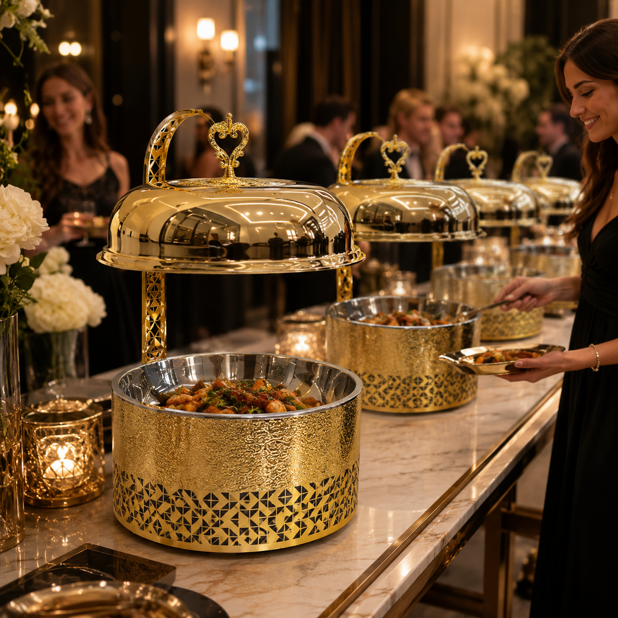KUOMIE Luxury 8L Gold Chafing Dish with Hanging Lid, Stainless Steel Food Warmer for Weddings, Hotel Buffets, Catering Events, Parties, and Banquets