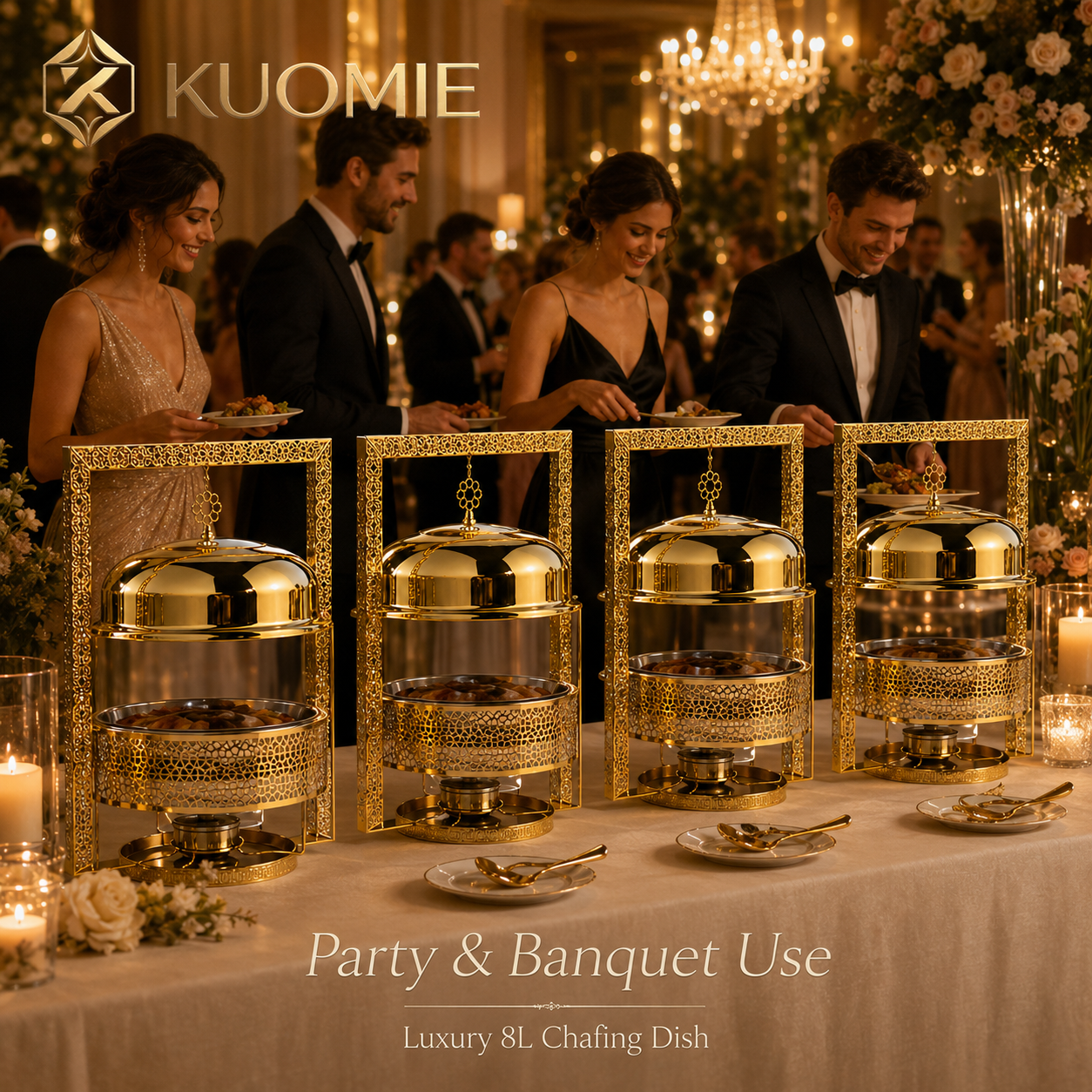 KUOMIE Luxury 8L Gold Chafing Dish with Hanging Lid Frame, Stainless Steel Buffet Food Warmer for Weddings, Hotels, Catering, Parties, and Banquets