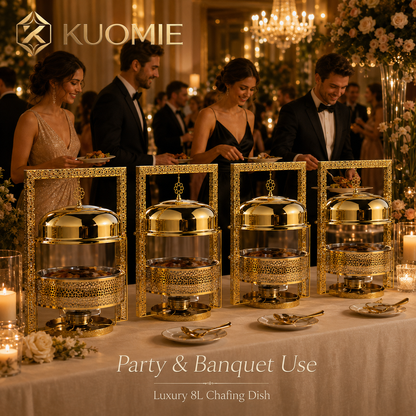 KUOMIE Luxury 8L Gold Chafing Dish with Hanging Lid Frame, Stainless Steel Buffet Food Warmer for Weddings, Hotels, Catering, Parties, and Banquets