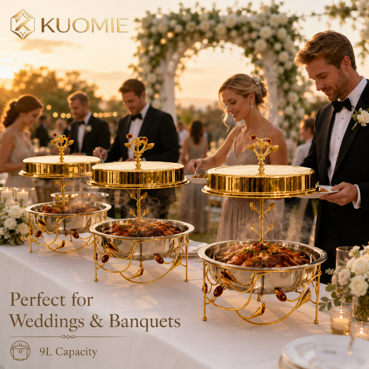 9L Rosevine Round Chafing Dish with Elevated Gold Cover | KUOMIE