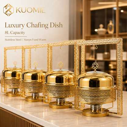 KUOMIE Luxury 8L Gold Chafing Dish with Hanging Lid Frame, Stainless Steel Buffet Food Warmer for Weddings, Hotels, Catering, Parties, and Banquets