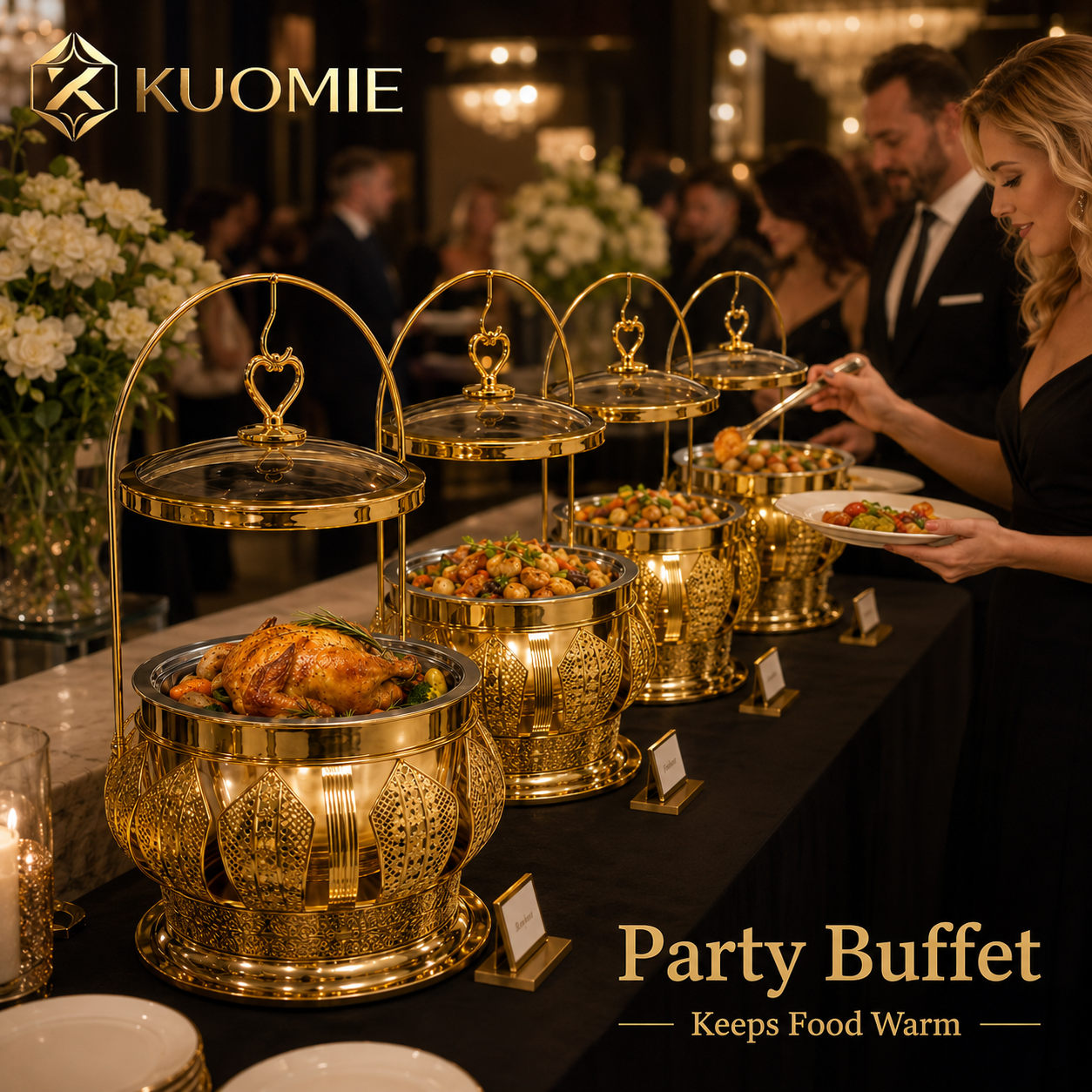 Luxury Round Gold Chafing Dish with Glass Lid, Stainless Steel Food Pan & Decorative Hanging Handle for Hotel Buffet, Wedding Catering, Banquets and Parties