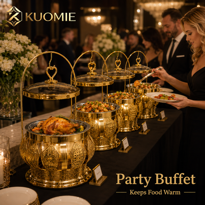 Luxury Round Gold Chafing Dish with Glass Lid, Stainless Steel Food Pan & Decorative Hanging Handle for Hotel Buffet, Wedding Catering, Banquets and Parties