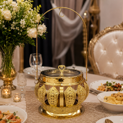 Luxury Round Gold Chafing Dish with Glass Lid, Stainless Steel Food Pan & Decorative Hanging Handle for Hotel Buffet, Wedding Catering, Banquets and Parties