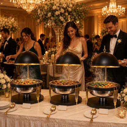 Luxury Black Gold Round Chafing Dish for Hotel Buffet, Wedding Catering & Banquet Events