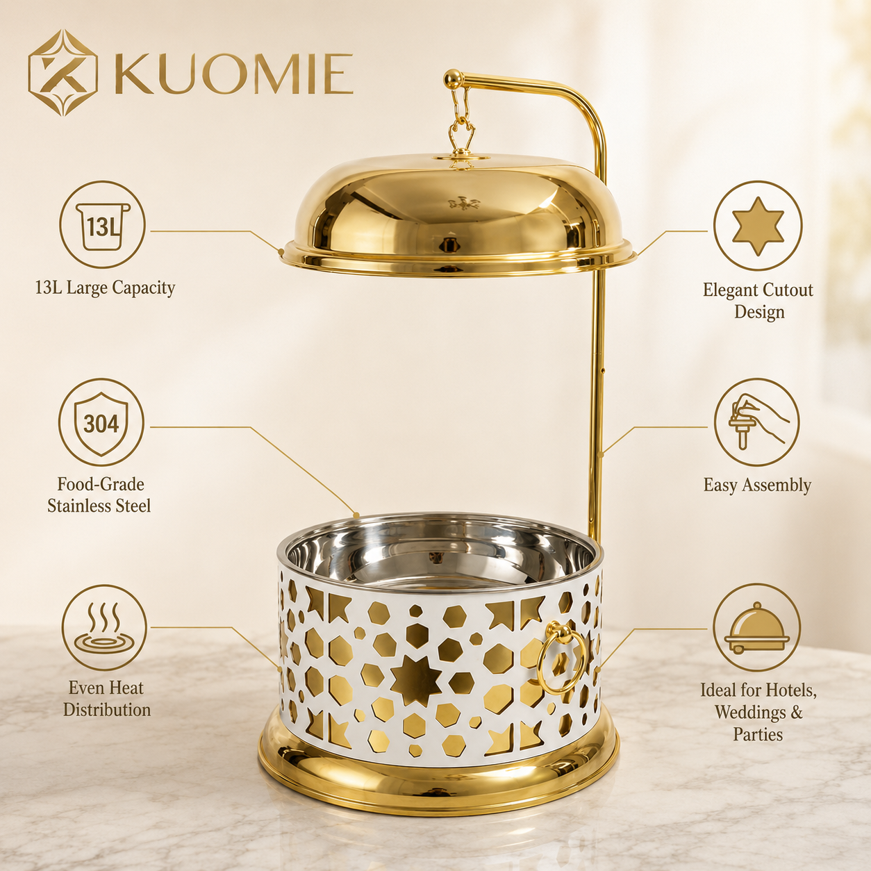 Luxury 13L White and Gold Buffet Warmer with Hanging Lid and Stainless Steel Food Pan