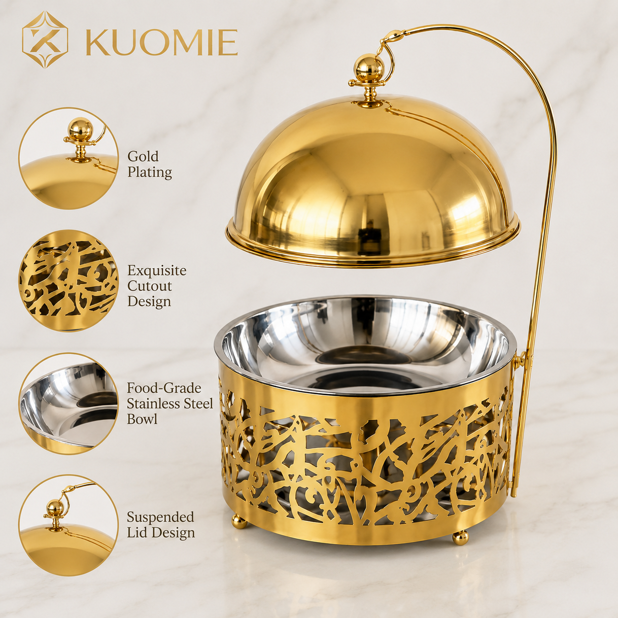 KUOMIE 8L Luxury Gold Chafing Dish for Wedding Catering and Hotel Buffets