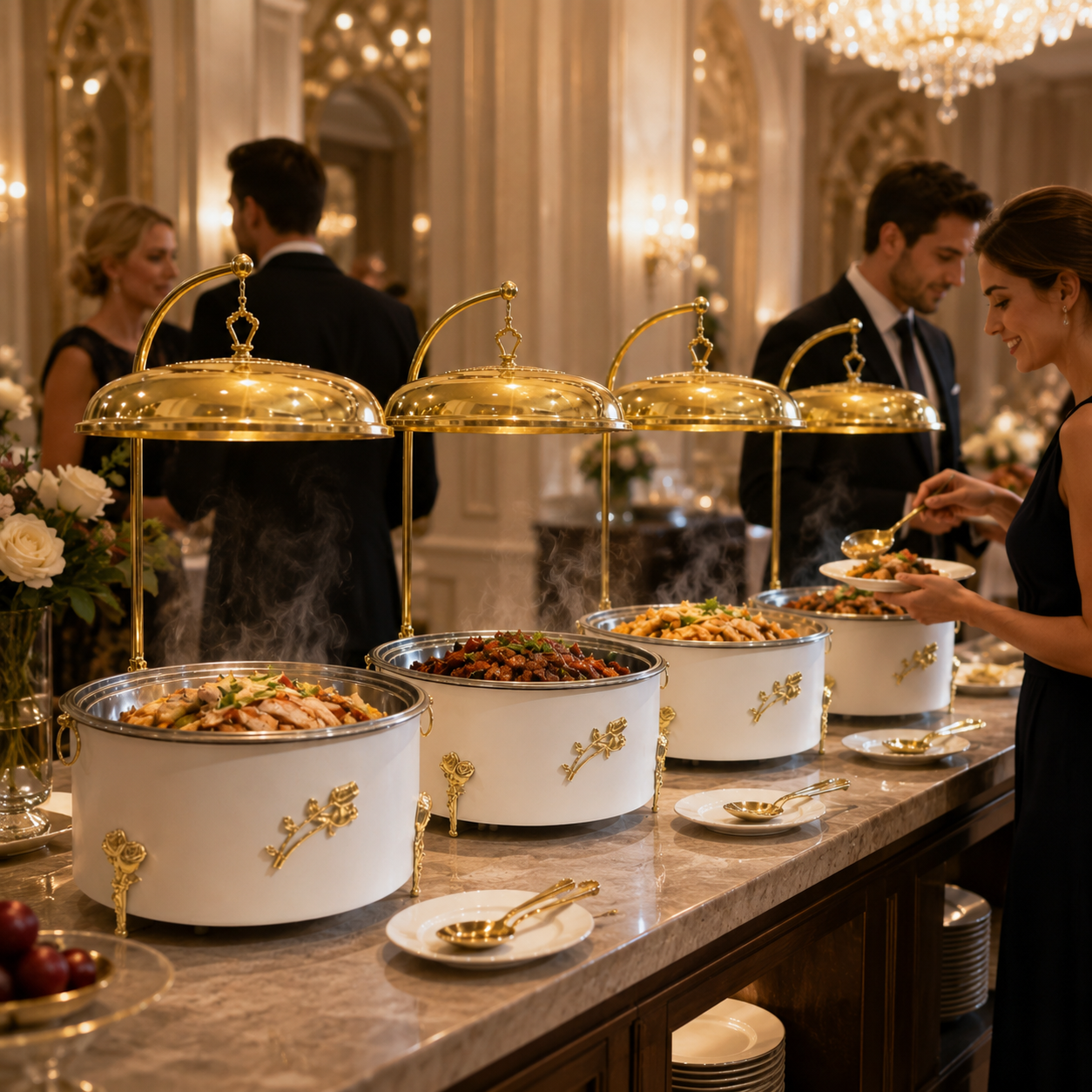 Luxury White & Gold Round Chafing Dish for Wedding Buffet, Hotel Catering & Party Food Warmer