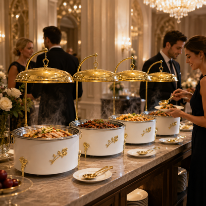 Luxury White & Gold Round Chafing Dish for Wedding Buffet, Hotel Catering & Party Food Warmer