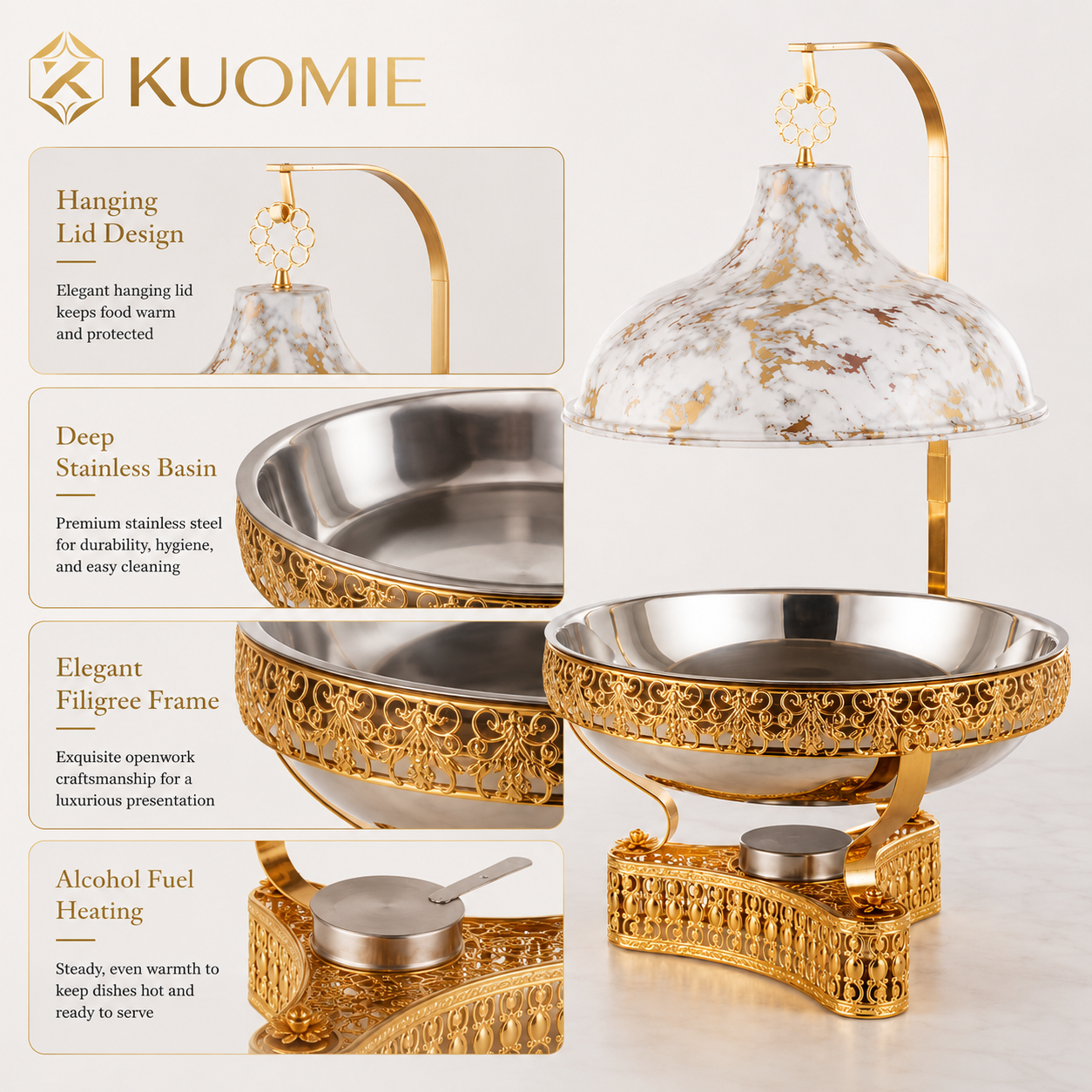 KUOMIE 8L Luxury Chafing Dish with Hanging Lid, Stainless Steel Food Pan, Gold Filigree Buffet Warmer for Weddings, Hotels, Catering, Parties and Events