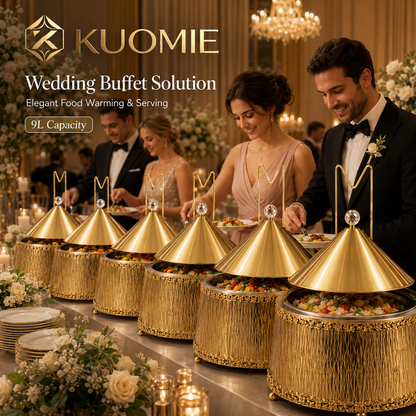 KUOMIE Luxury Gold 9L Chafing Dish Food Warmer with Stainless Steel Bowl and Cone Lid for Weddings, Buffets and Catering