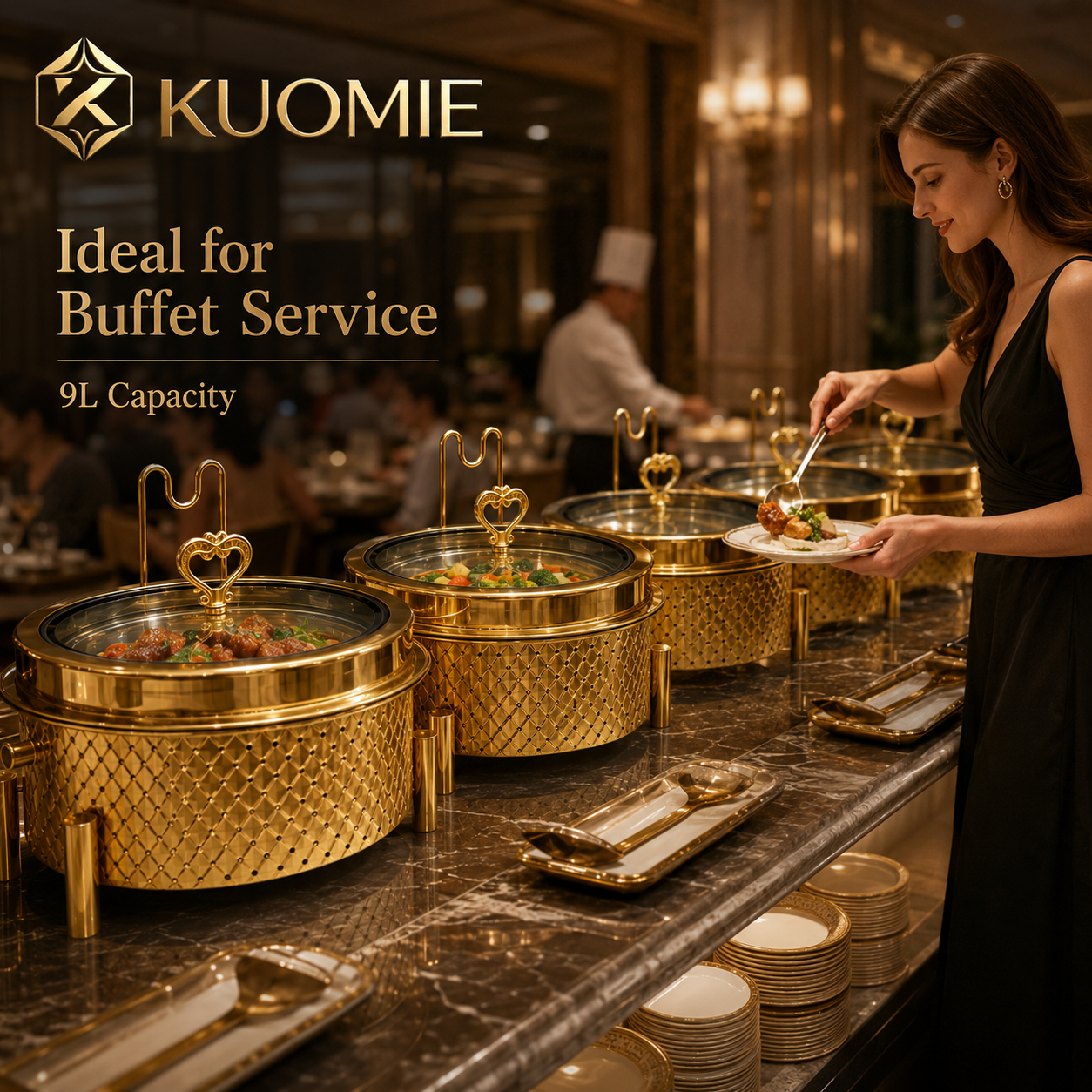 KUOMIE 9L Gold Chafing Dish with Glass Lid for Luxury Buffet Food Warming