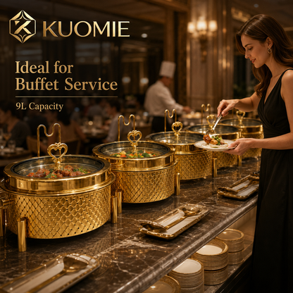 KUOMIE 9L Gold Chafing Dish with Glass Lid for Luxury Buffet Food Warming