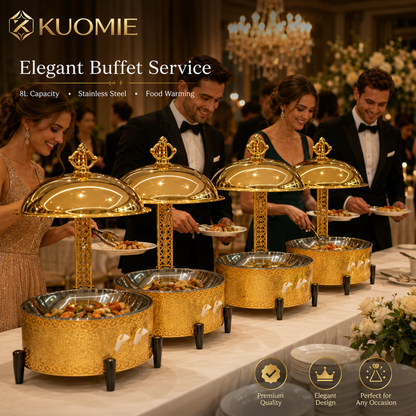 KUOMIE Luxury Gold Chafing Dish with Hanging Dome Lid, Stainless Steel Buffet Food Warmer for Weddings, Hotels, Catering, Banquets, and Parties
