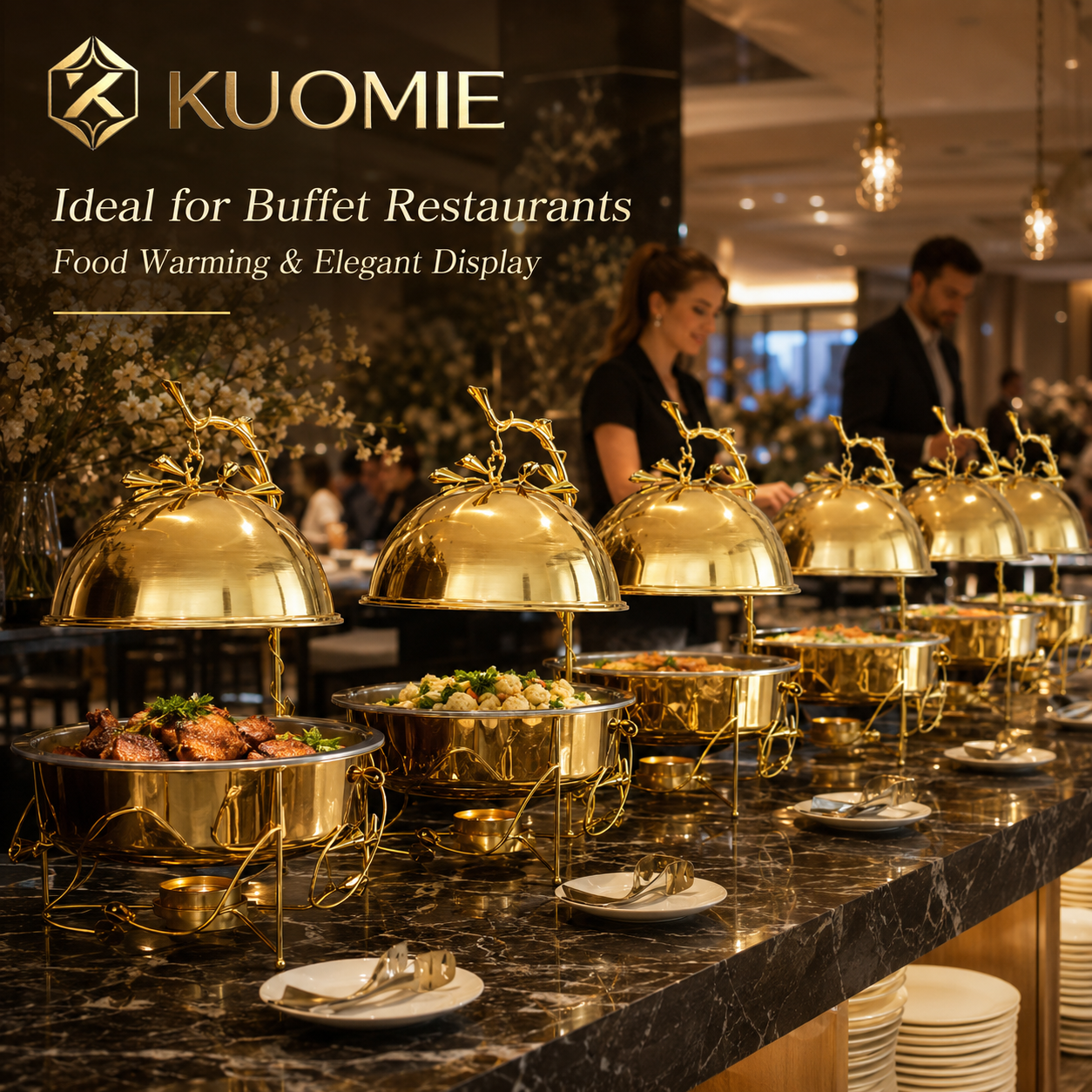KUOMIE 8L/10L Gold Buffet Chafing Dish, Elegant Food Warmer for Weddings and Banquet Service