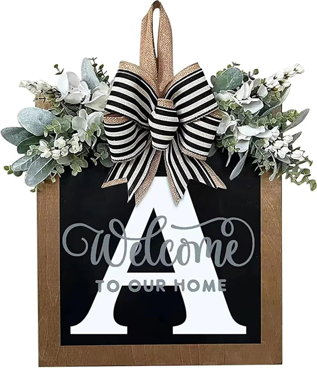 Last Name Year Round Front Door Wreath Front Porch Decoration 26 Letter Welcome Sign with Eucalyptus Garland and Bow Spring Wreaths for Front Door Outside Hanger Garland - kuomie