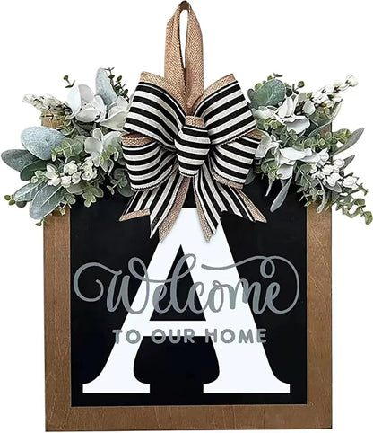 Last Name Year Round Front Door Wreath Front Porch Decoration 26 Letter Welcome Sign with Eucalyptus Garland and Bow Spring Wreaths for Front Door Outside Hanger Garland - kuomie