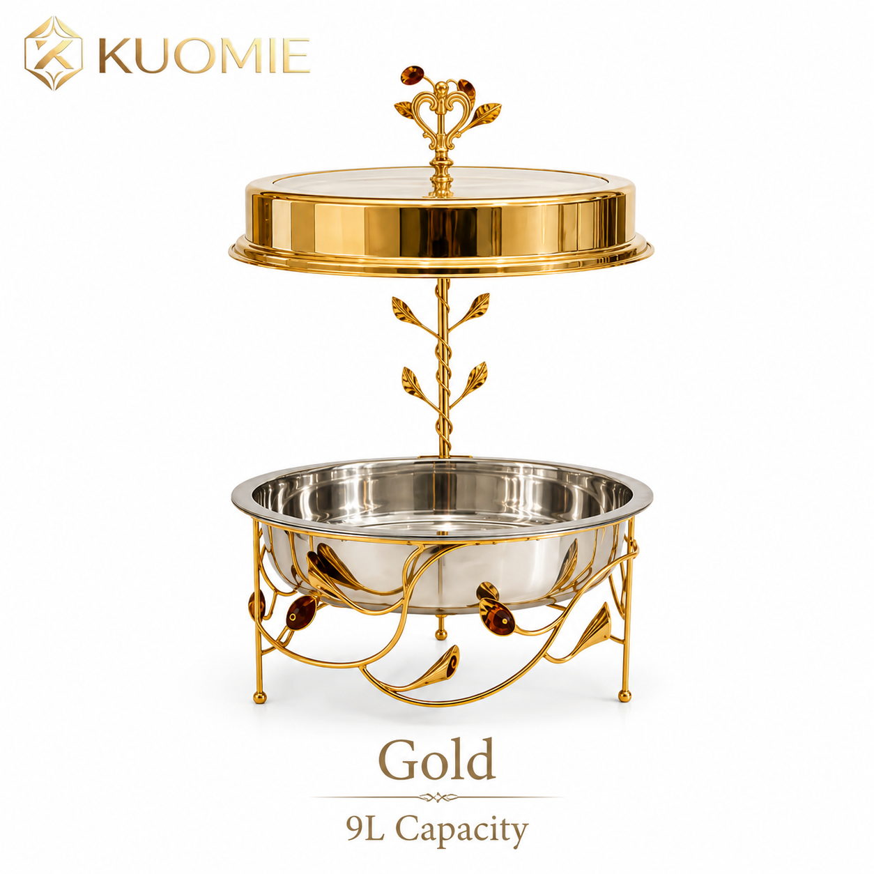 9L Rosevine Round Chafing Dish with Elevated Gold Cover | KUOMIE