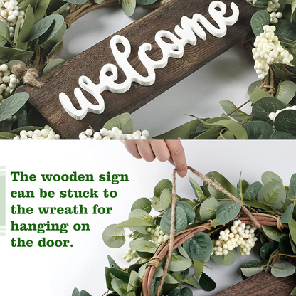 Green Eucalyptus Wreath with Welcome Sign 20in Artificial Spring Summer White Berries for Front Door Wall Window Festival Farmhouse Porch Patio Garden Decor, White,green - kuomie