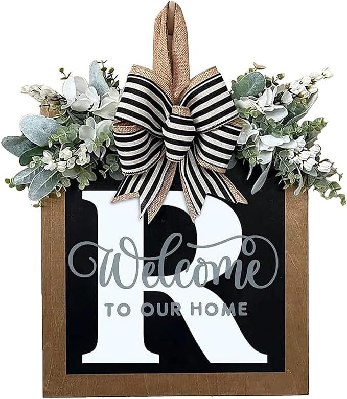 Last Name Year Round Front Door Wreath Front Porch Decoration 26 Letter Welcome Sign with Eucalyptus Garland and Bow Spring Wreaths for Front Door Outside Hanger Garland - kuomie