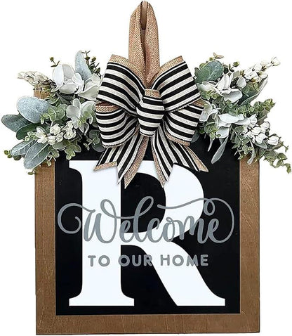 Last Name Year Round Front Door Wreath Front Porch Decoration 26 Letter Welcome Sign with Eucalyptus Garland and Bow Spring Wreaths for Front Door Outside Hanger Garland - kuomie