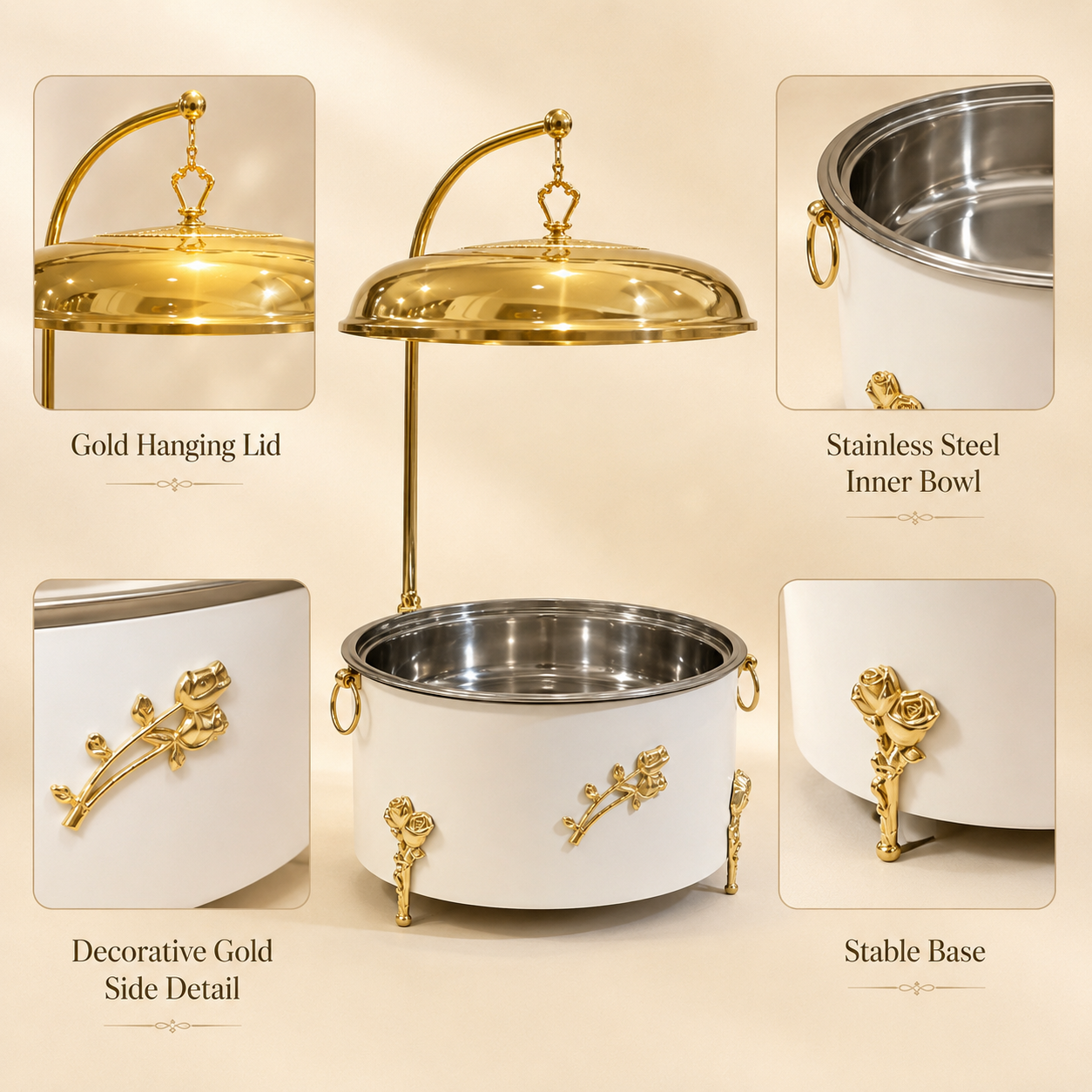 Luxury White & Gold Round Chafing Dish for Wedding Buffet, Hotel Catering & Party Food Warmer