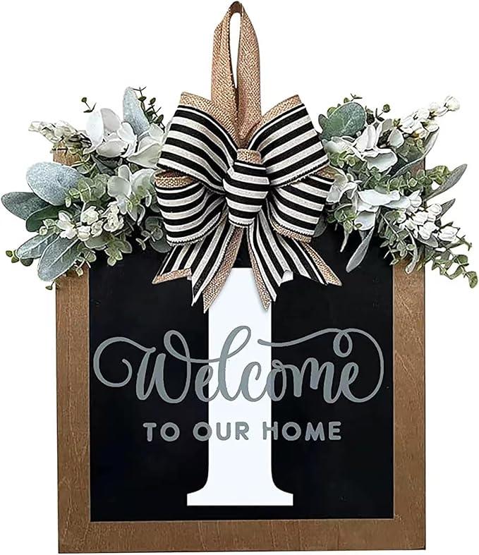 Last Name Year Round Front Door Wreath Front Porch Decoration 26 Letter Welcome Sign with Eucalyptus Garland and Bow Spring Wreaths for Front Door Outside Hanger Garland - kuomie