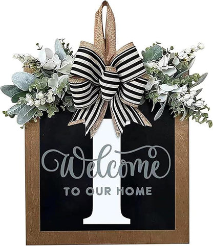 Last Name Year Round Front Door Wreath Front Porch Decoration 26 Letter Welcome Sign with Eucalyptus Garland and Bow Spring Wreaths for Front Door Outside Hanger Garland - kuomie