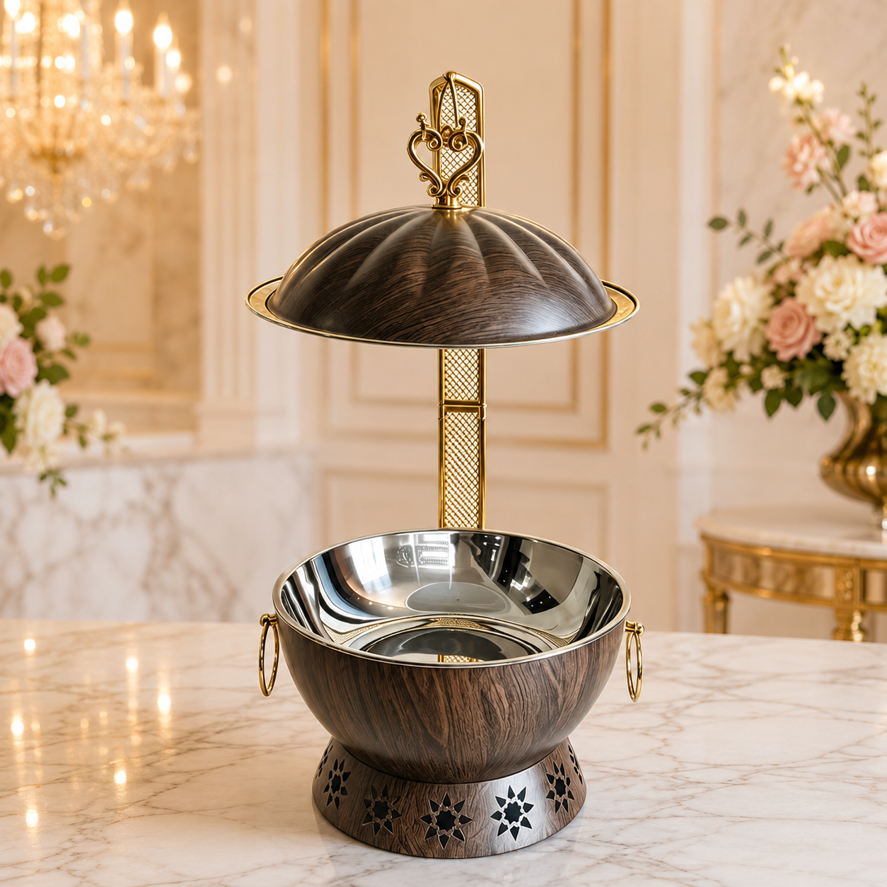 Luxury Marble Chafing Dish with Gold Accents for Weddings, Hotels & Banquets